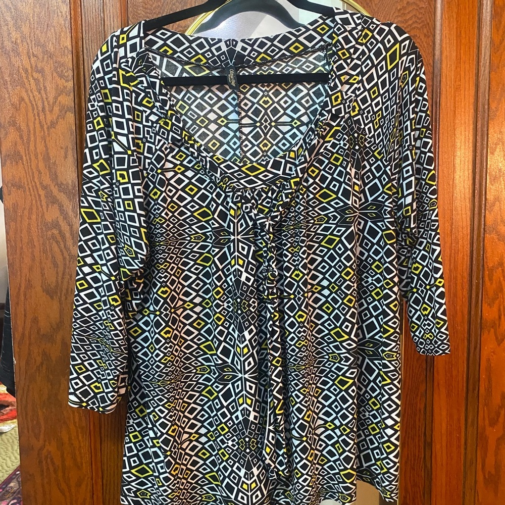 Olivia Page Black and Blue 3/4 Sleeve Tunic with Tie Front 2X